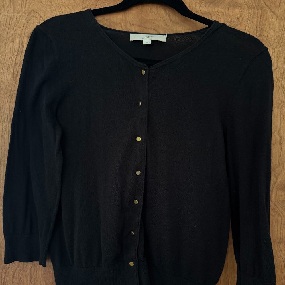 LOFT Modern Crew Neck Cardigan - Black with gold buttons
